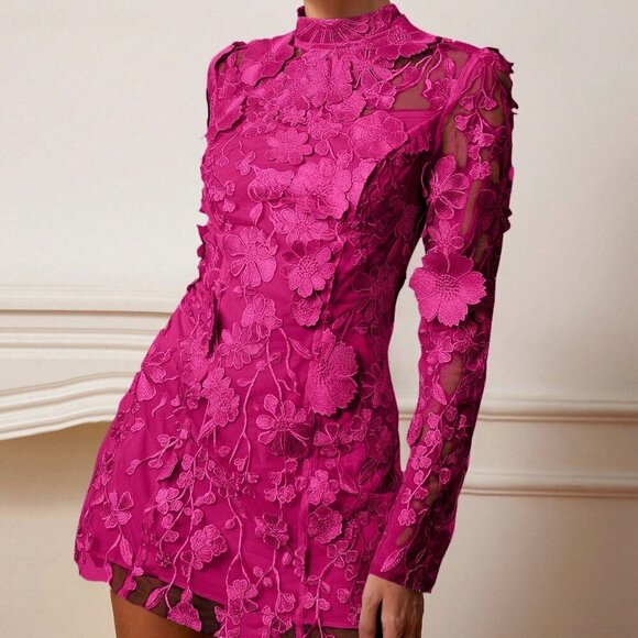 Hot Pink Elegant Women's Embroidery Floral Embroidered long sleeve Mesh dress